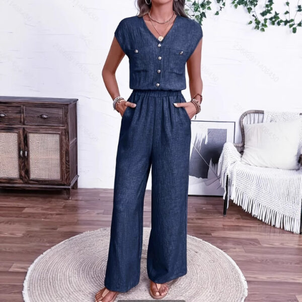 All-matching V-neck Buttons Elastic Waistband Slimming Temperament Jumpsuit - Image 3