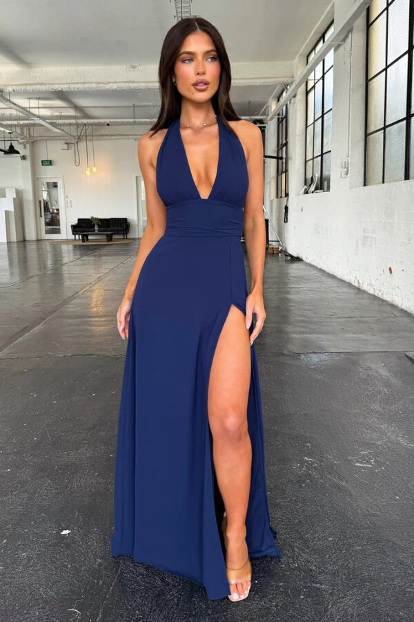 Spring New Women's Style Hanging Neck V-neck Slit Long Solid Color Dress - Image 8