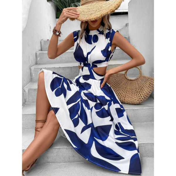 Round Neck Short Sleeve High Waist Plant Flower Print Women Dress - Image 4