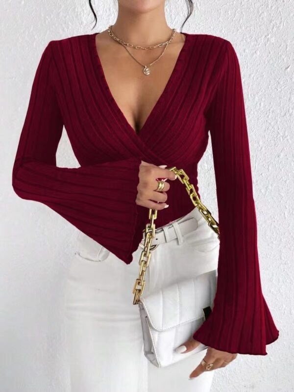 Women's Autumn And Winter Rib Sunken Stripe V-neck Flared Slim-fit Long Sleeve T-shirt Elegant Women's Top - Image 10
