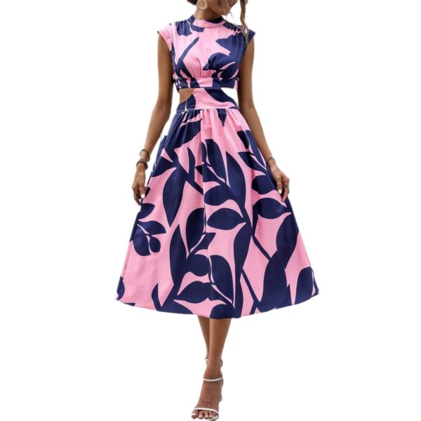 Round Neck Short Sleeve High Waist Plant Flower Print Women Dress - Image 7