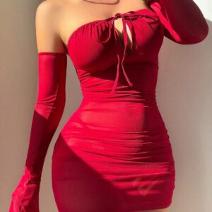 Off-neck Wrapped Chest Lace-up Hip Skirt Bell Sleeve Underwear Suit