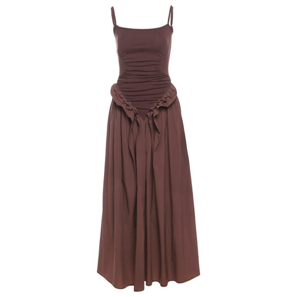 Hot Girl Solid Color Sling Fitted Waist Pleated Large Swing Dress - Image 7