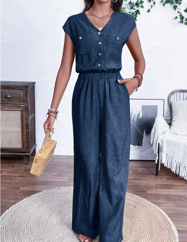 All-matching V-neck Buttons Elastic Waistband Slimming Temperament Jumpsuit - Image 6