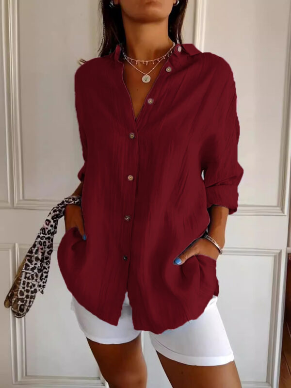 Lapel Long Sleeve Shirt Women's Single-breasted Pleated Shirt - Image 2