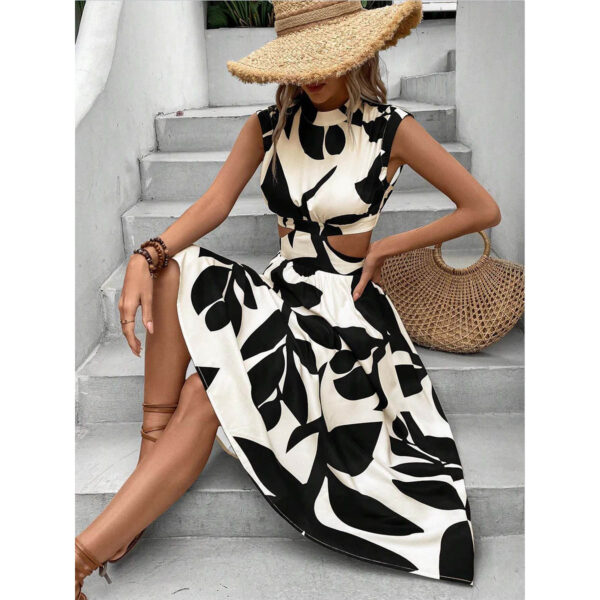 Round Neck Short Sleeve High Waist Plant Flower Print Women Dress - Image 6