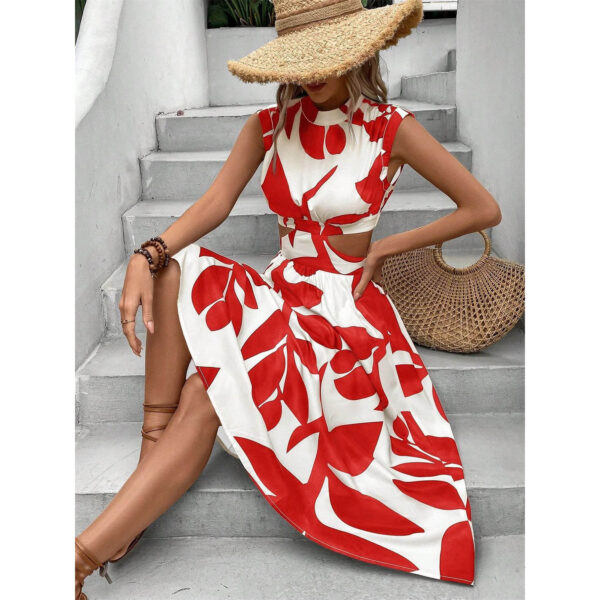 Round Neck Short Sleeve High Waist Plant Flower Print Women Dress - Image 3