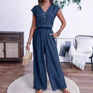 All-matching V-neck Buttons Elastic Waistband Slimming Temperament Jumpsuit