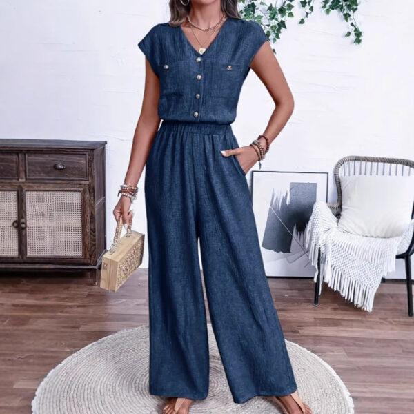 All-matching V-neck Buttons Elastic Waistband Slimming Temperament Jumpsuit