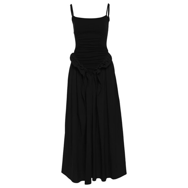 Hot Girl Solid Color Sling Fitted Waist Pleated Large Swing Dress - Image 6