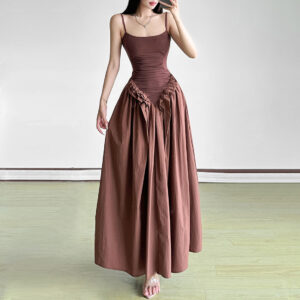 Hot Girl Solid Color Sling Fitted Waist Pleated Large Swing Dress