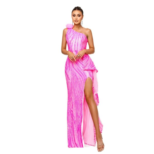 One-shoulder Diagonal Collar Sequined Slit Evening Dress - Image 4