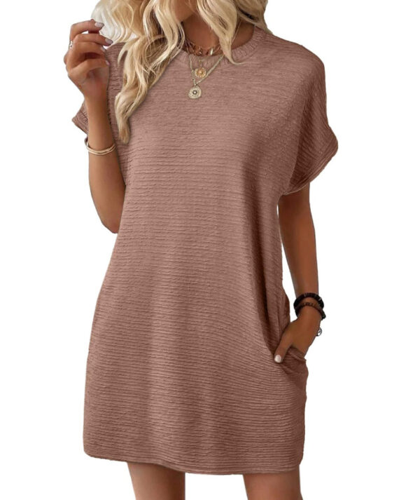 Loose Round Neck Pocket Solid Color Short Sleeve Dress Women - Image 4