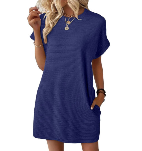 Loose Round Neck Pocket Solid Color Short Sleeve Dress Women - Image 8