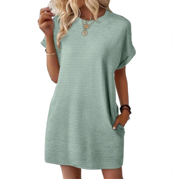 Loose Round Neck Pocket Solid Color Short Sleeve Dress Women - Image 7