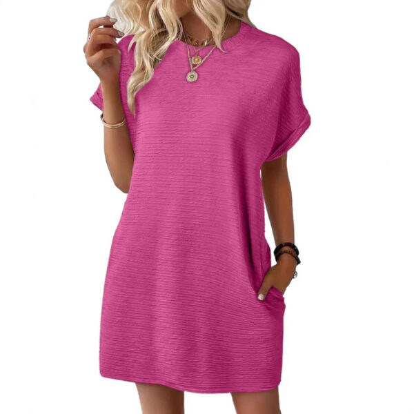 Loose Round Neck Pocket Solid Color Short Sleeve Dress Women - Image 3