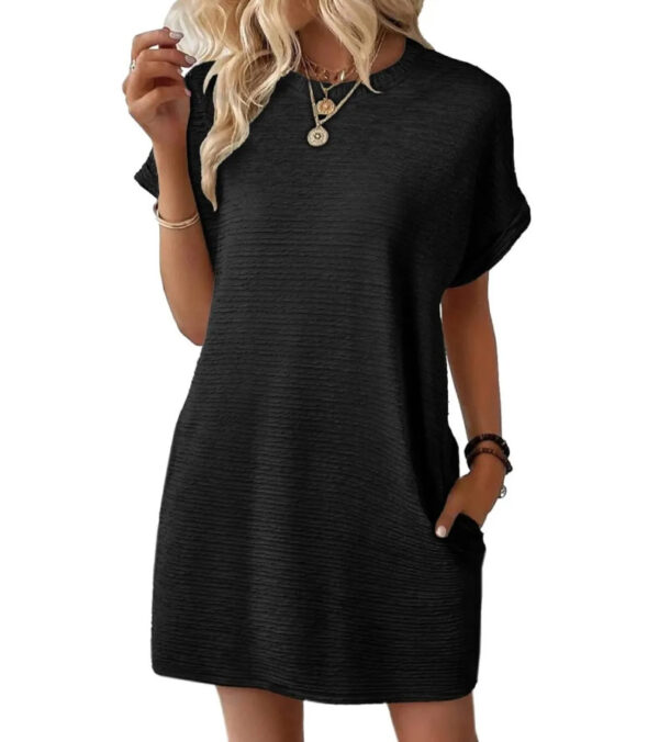 Loose Round Neck Pocket Solid Color Short Sleeve Dress Women - Image 10