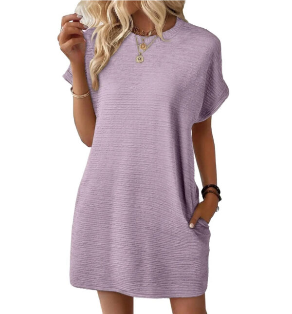 Loose Round Neck Pocket Solid Color Short Sleeve Dress Women - Image 6
