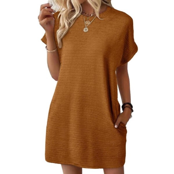 Loose Round Neck Pocket Solid Color Short Sleeve Dress Women - Image 2