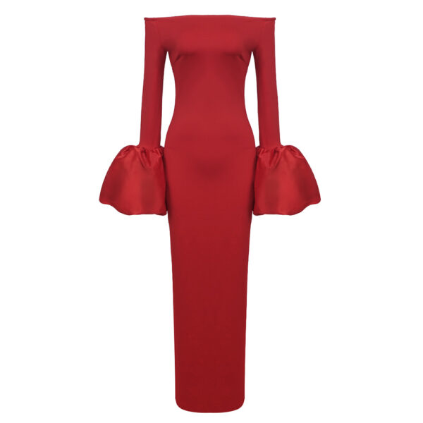 Dress Red And Black Slim-fit Long Sleeve French Lantern Sleeve Dress - Image 3