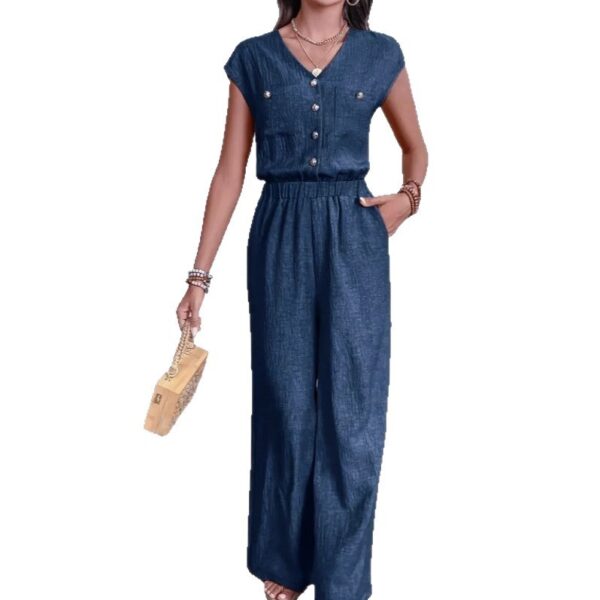 All-matching V-neck Buttons Elastic Waistband Slimming Temperament Jumpsuit - Image 5