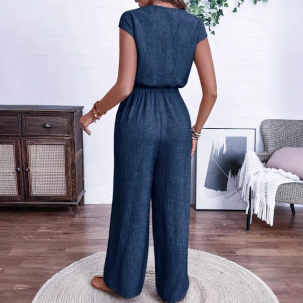 All-matching V-neck Buttons Elastic Waistband Slimming Temperament Jumpsuit - Image 2