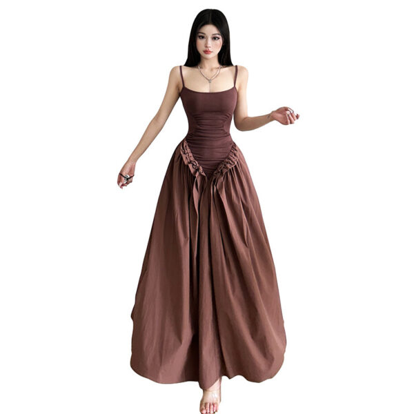 Hot Girl Solid Color Sling Fitted Waist Pleated Large Swing Dress - Image 4