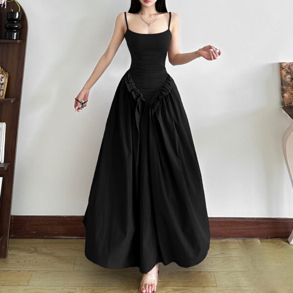 Hot Girl Solid Color Sling Fitted Waist Pleated Large Swing Dress - Image 3