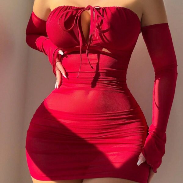 Off-neck Wrapped Chest Lace-up Hip Skirt Bell Sleeve Underwear Suit - Image 3