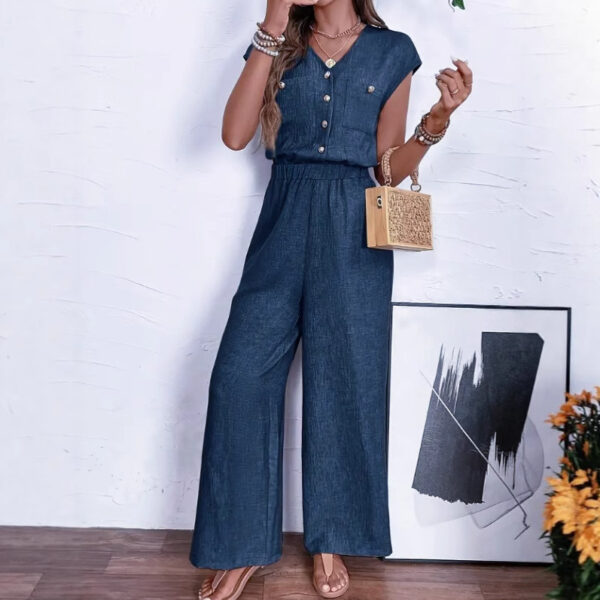 All-matching V-neck Buttons Elastic Waistband Slimming Temperament Jumpsuit - Image 4
