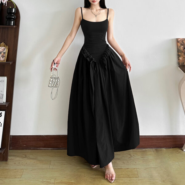 Hot Girl Solid Color Sling Fitted Waist Pleated Large Swing Dress - Image 2