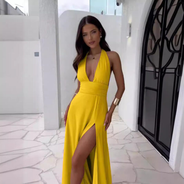 Spring New Women's Style Hanging Neck V-neck Slit Long Solid Color Dress - Image 6