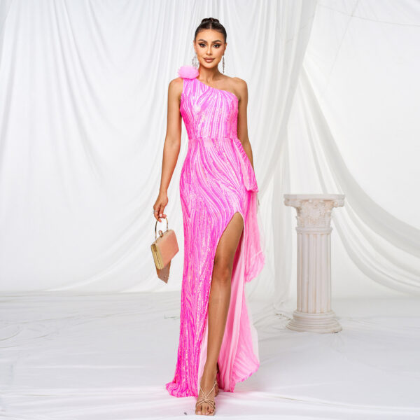 One-shoulder Diagonal Collar Sequined Slit Evening Dress - Image 5