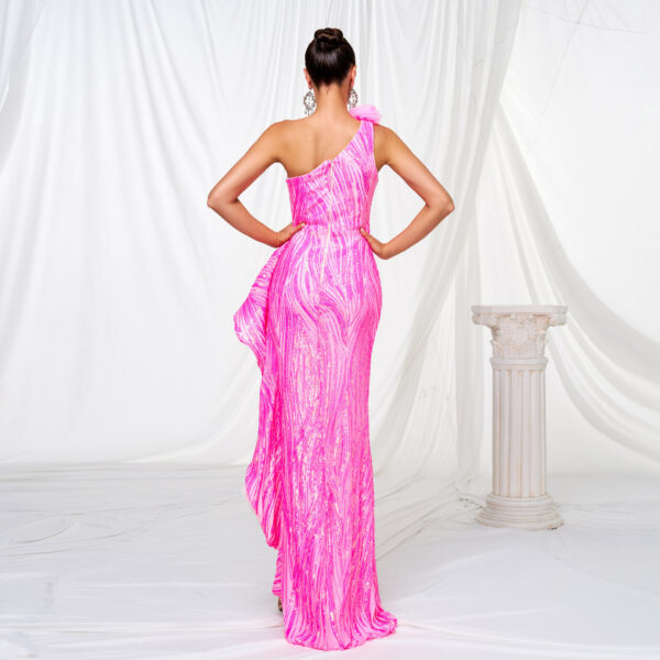 One-shoulder Diagonal Collar Sequined Slit Evening Dress - Image 6