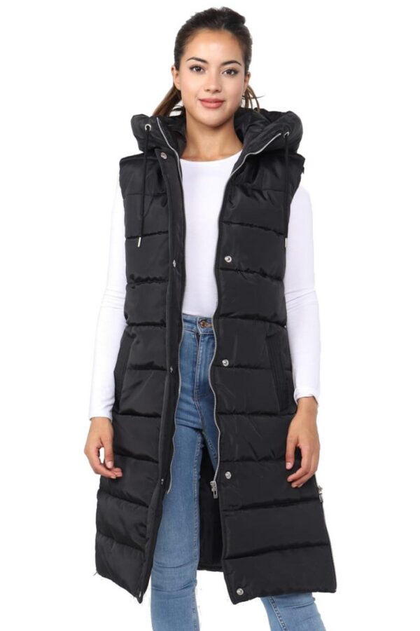 Ladies Girls Long Hooded Puffer Warm Padded Sleeveless Gilet Bodywarmer Zipper - Image 3