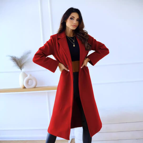 Simple Double Breasted Long Sleeve Lapel Button Woolen Coat - Image 7