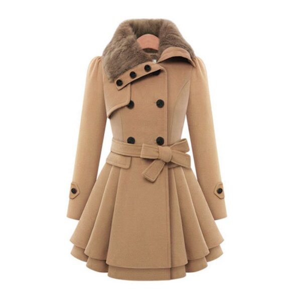 Women's Fur Collar Coat Double-breasted Trench Coat With Large Skirt - Image 5