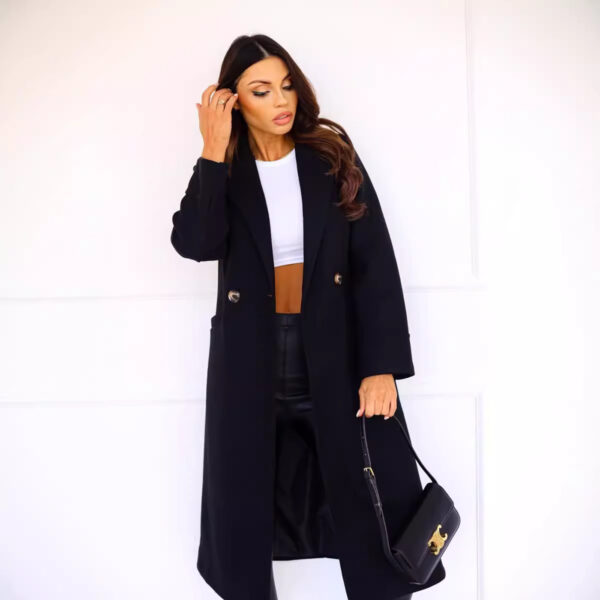 Simple Double Breasted Long Sleeve Lapel Button Woolen Coat - Image 6