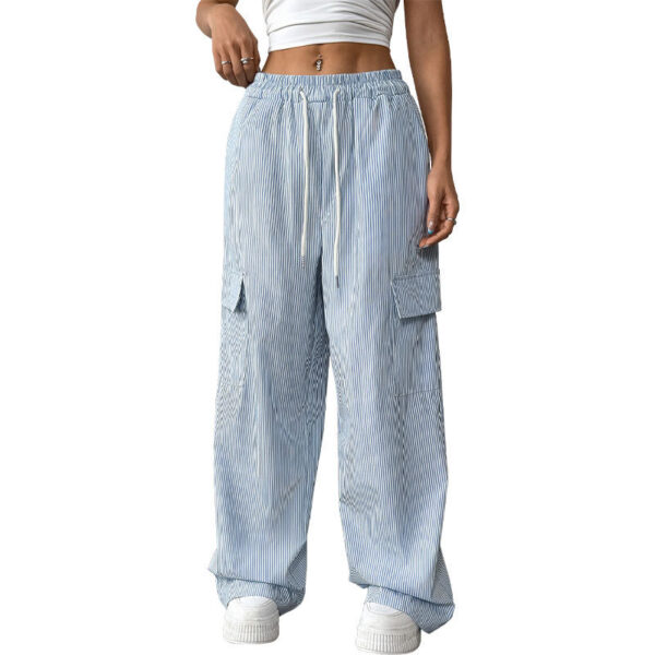 Women's Casual Elastic Striped Pocket Trousers - Image 3