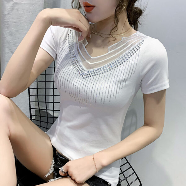 Mesh V-neck Patchwork T-shirt Women's Short Sleeve - Image 6