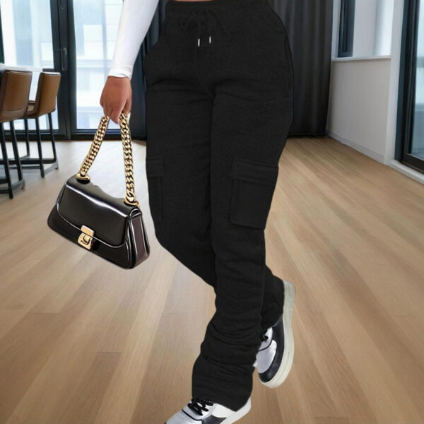 Women's Solid Color Straight Leg Pants - Stretchy Drawstring Waist With Dual Pockets Casual Trousers For Spring&Fall - Image 4