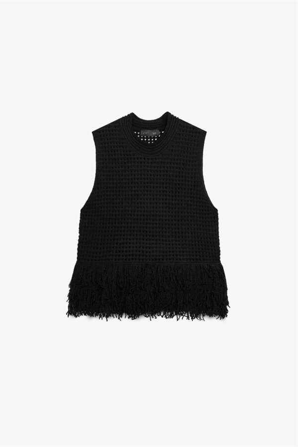 Fashionable Simple Decorated Tassel Plaid Knitted Top For Women - Image 3
