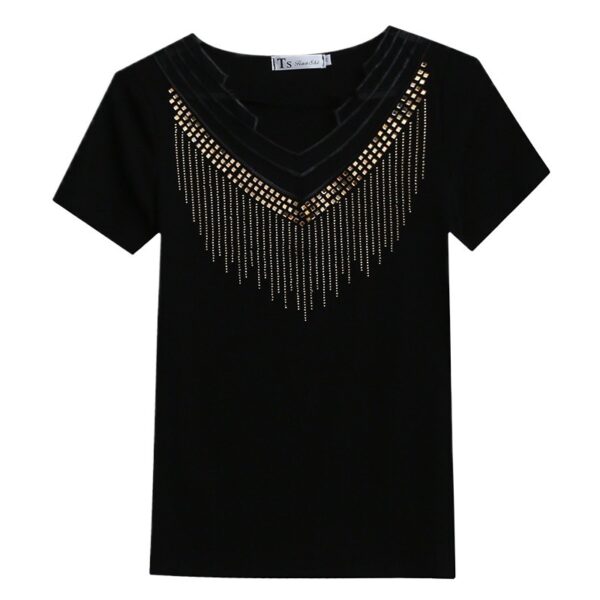 Mesh V-neck Patchwork T-shirt Women's Short Sleeve - Image 4