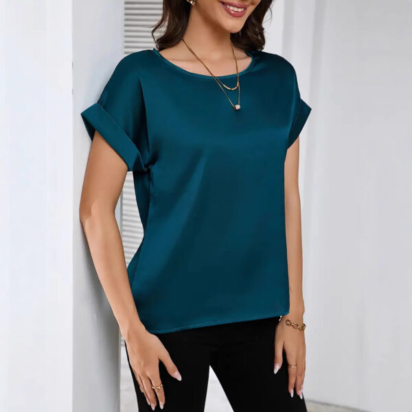 Round Neck Solid Color Smooth Surface Short Sleeve Loose - Image 3