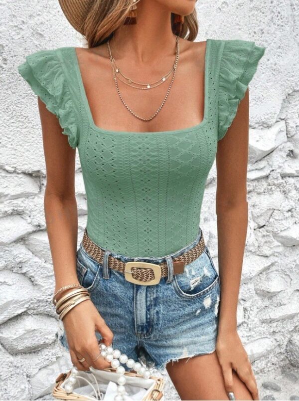 Women's Square Collar Ruffled Slim T-shirt - Image 4