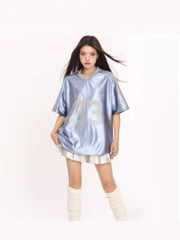 Retro V-neck Splicing Letter Print Short-sleeve - Image 2