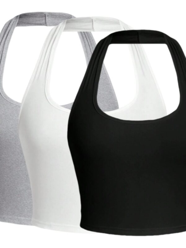 Solid Color Cropped Halter Neck Slim Fit Tank Top For Women 3PC Set - Image 4