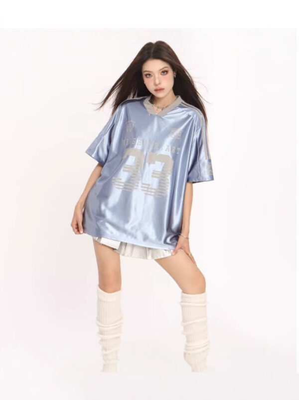 Retro V-neck Splicing Letter Print Short-sleeve - Image 3