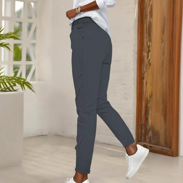 Women's High-Waisted Slim-Fit Pants With Slant Pockets & Button Detail Work & Casual Trousers - Image 4