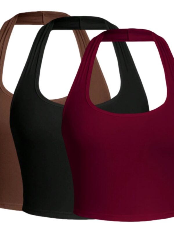 Solid Color Cropped Halter Neck Slim Fit Tank Top For Women 3PC Set - Image 9